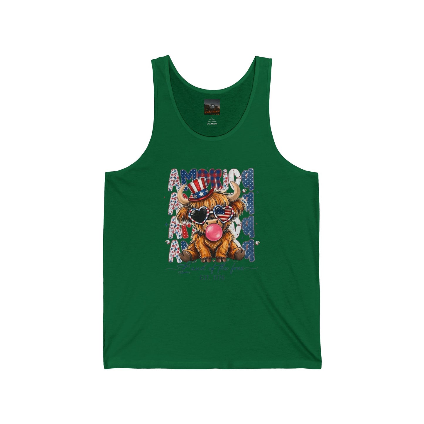 #250 American Flag Bubblegum Patriotic Highland Cow Tank Top