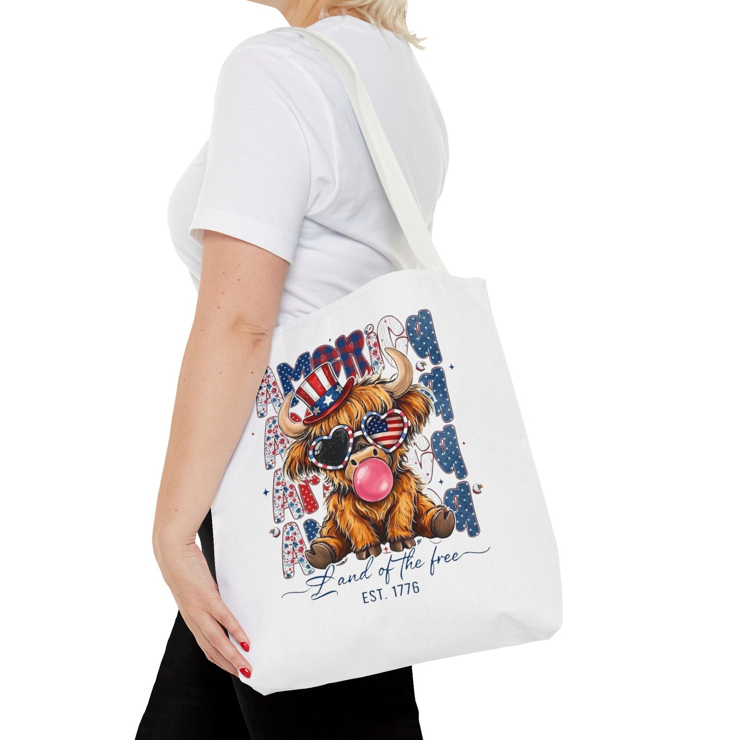 #250 American Flag Bubblegum Patriotic Highland Cow Tote Bag