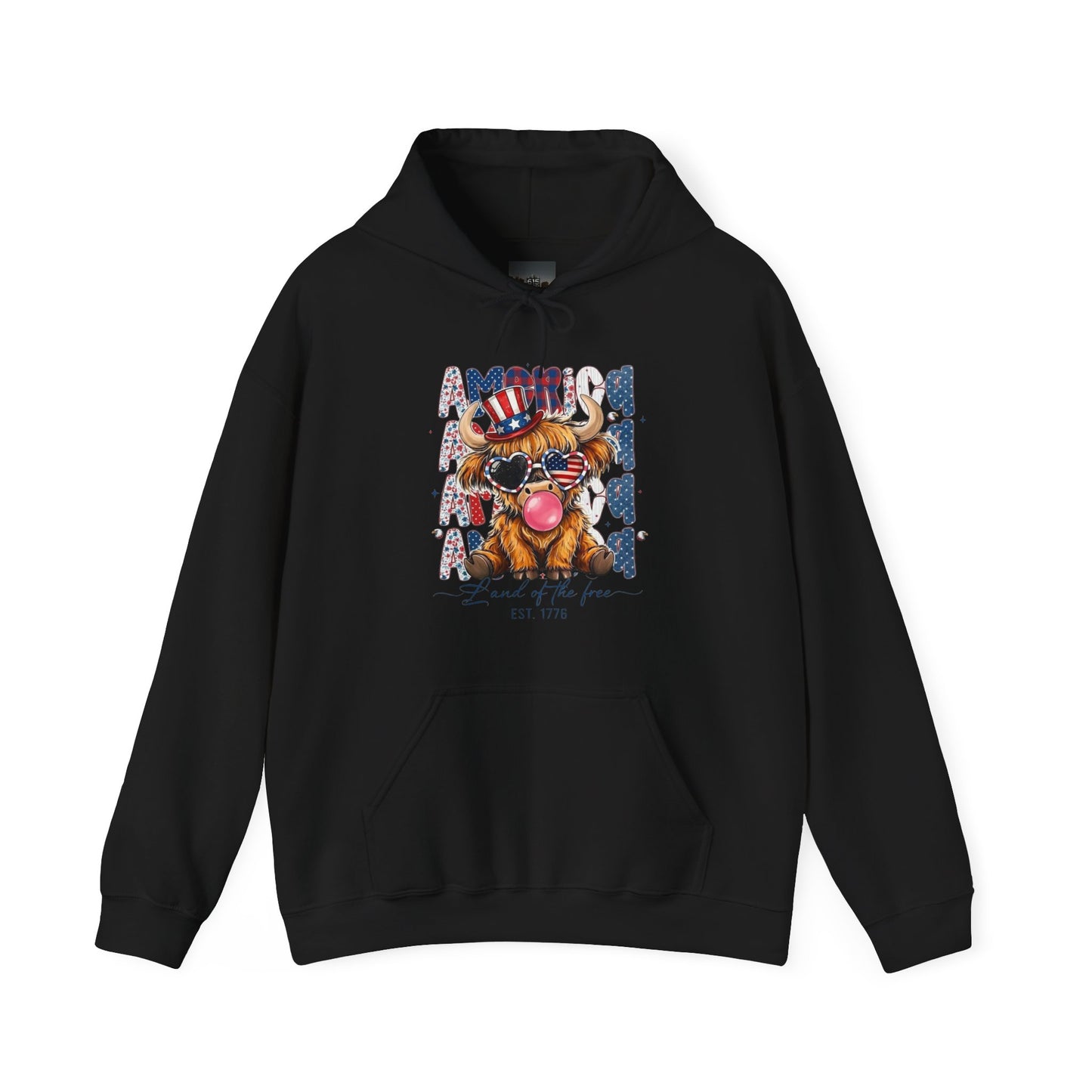#250 American Flag Bubblegum Patriotic Highland Cow Hoodie
