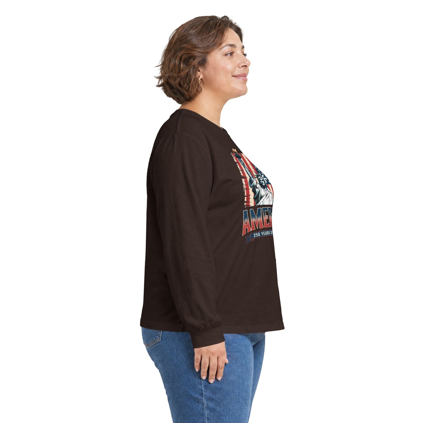 #250 Statue of Liberty American Flag 'America' Patriotic Independence Day Long Sleeve Tee