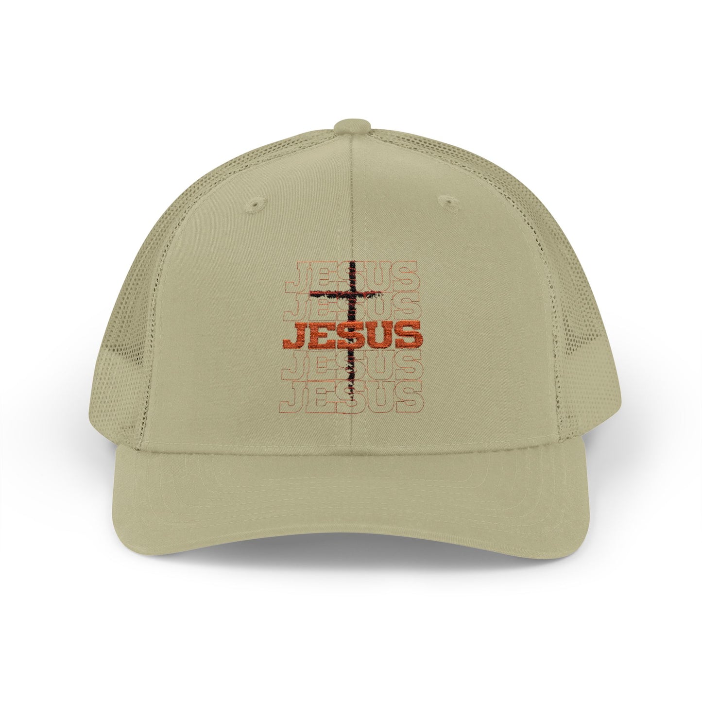 Jesus Cross Red Text Black Cross Graphic Trucker Cap — Faith-Based Snapback Hat