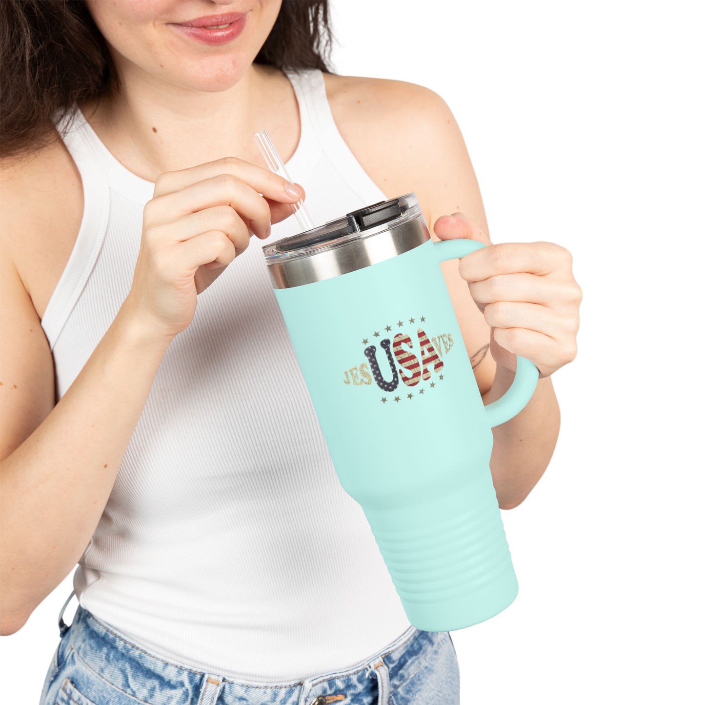 JesUSAves Patriotic 40oz Insulated Travel Mug – American Flag Christian Faith Steel Tumbler