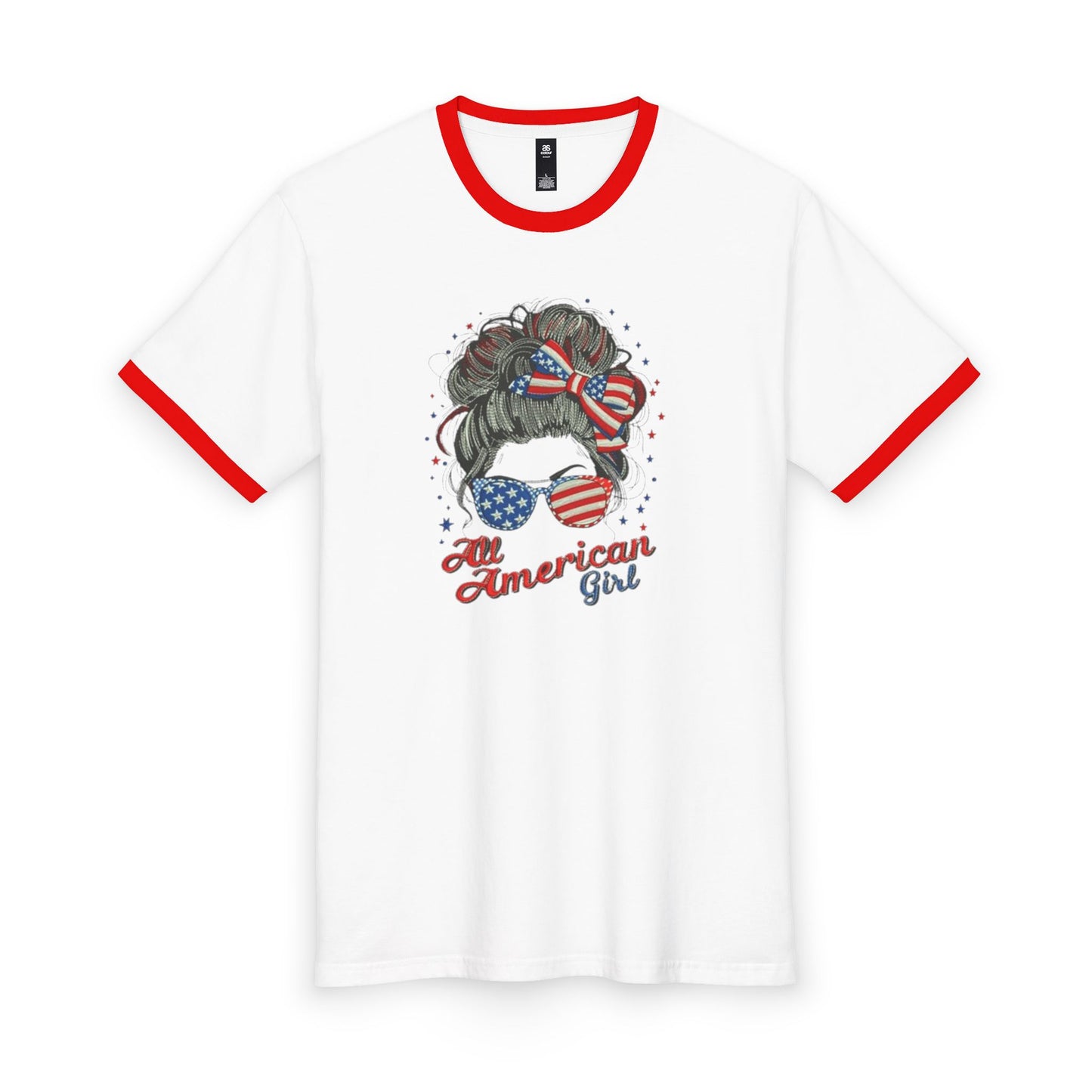 #250 "All American Girl" Patriotic Messy Bun Ringer Tee