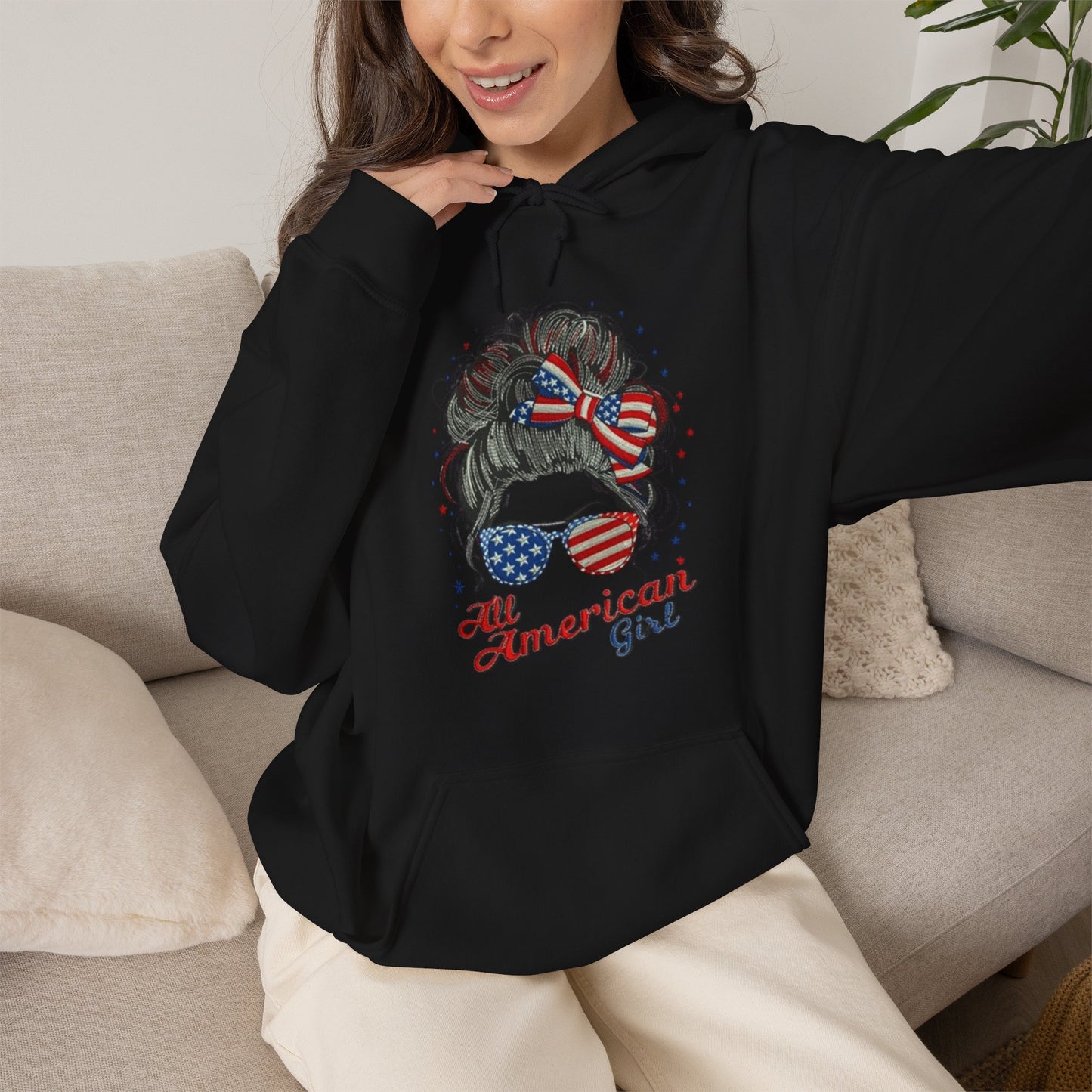#250 "All American Girl" Patriotic Messy Bun Hoodie