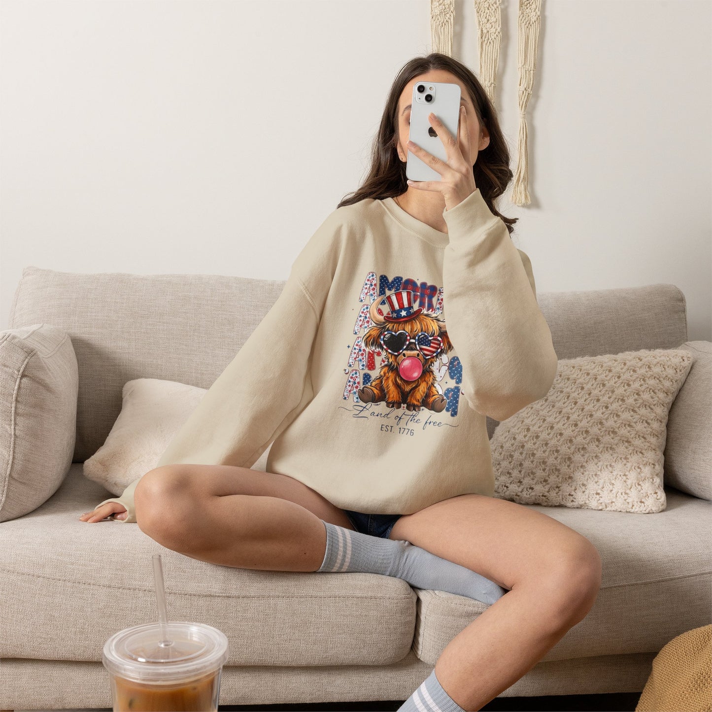#250 American Flag Bubblegum Patriotic Highland Cow Sweatshirt