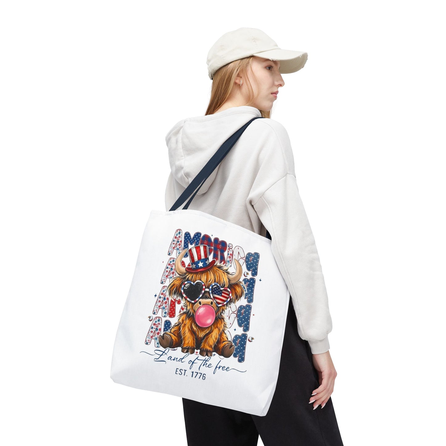 #250 American Flag Bubblegum Patriotic Highland Cow Tote Bag