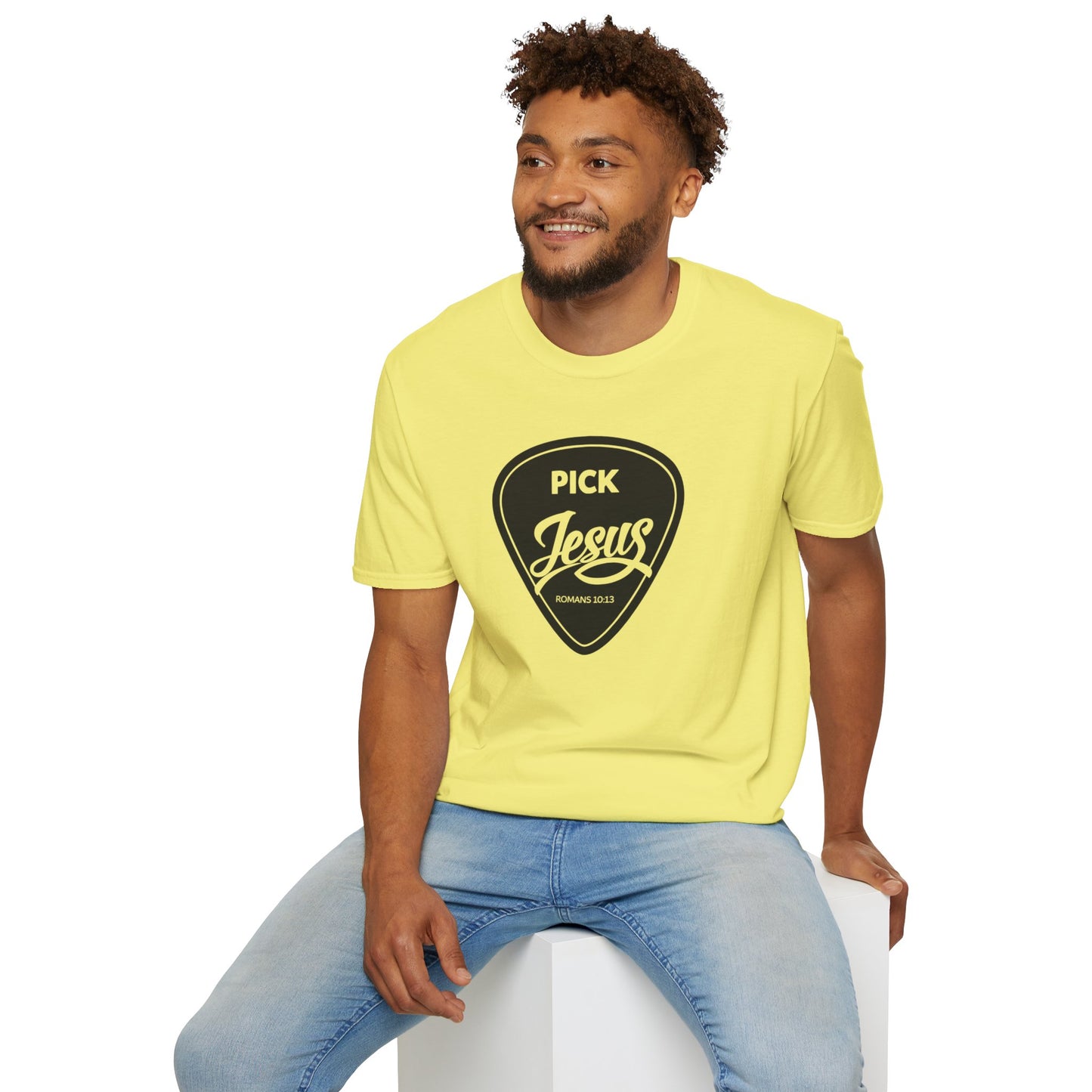 Pick Jesus T-Shirt — Christian Guitar Pick Design (Romans 10:13)
