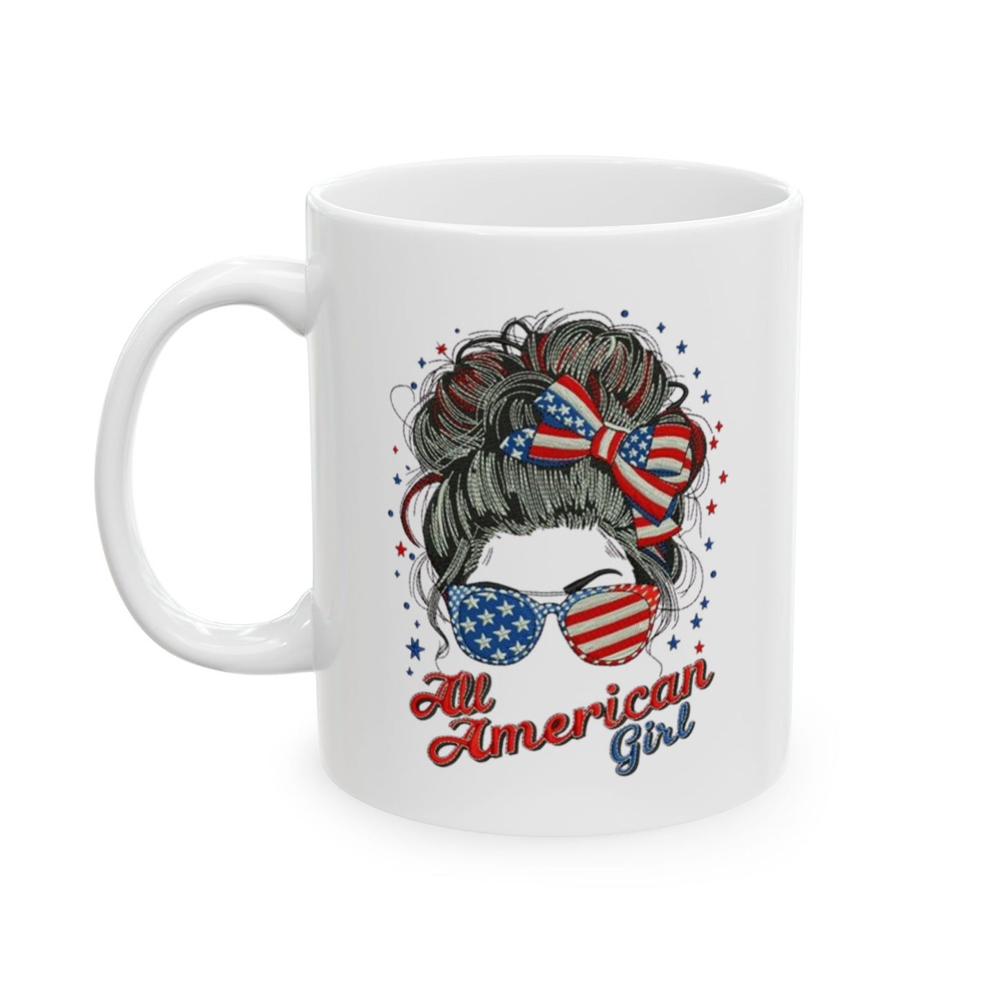 #250 "All American Girl" Patriotic Messy Bun Ceramic Mug - 11oz & 15oz