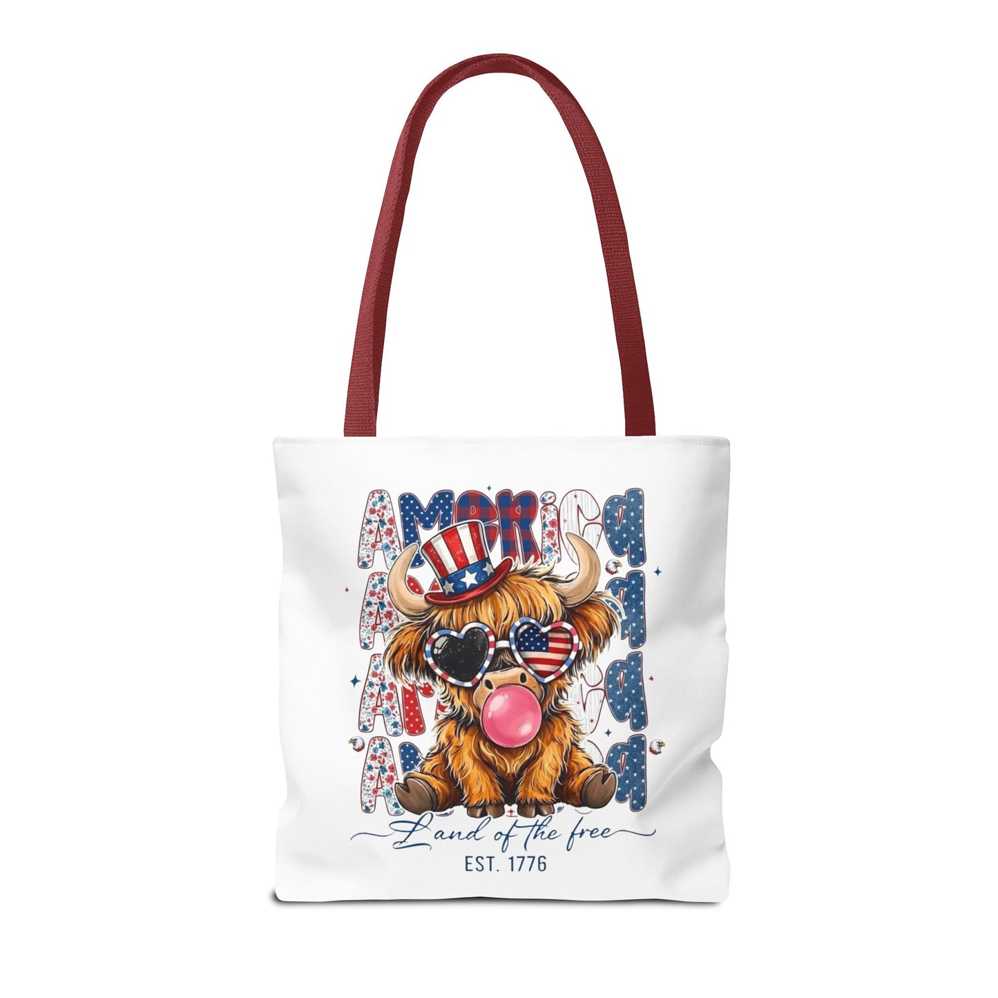 #250 American Flag Bubblegum Patriotic Highland Cow Tote Bag