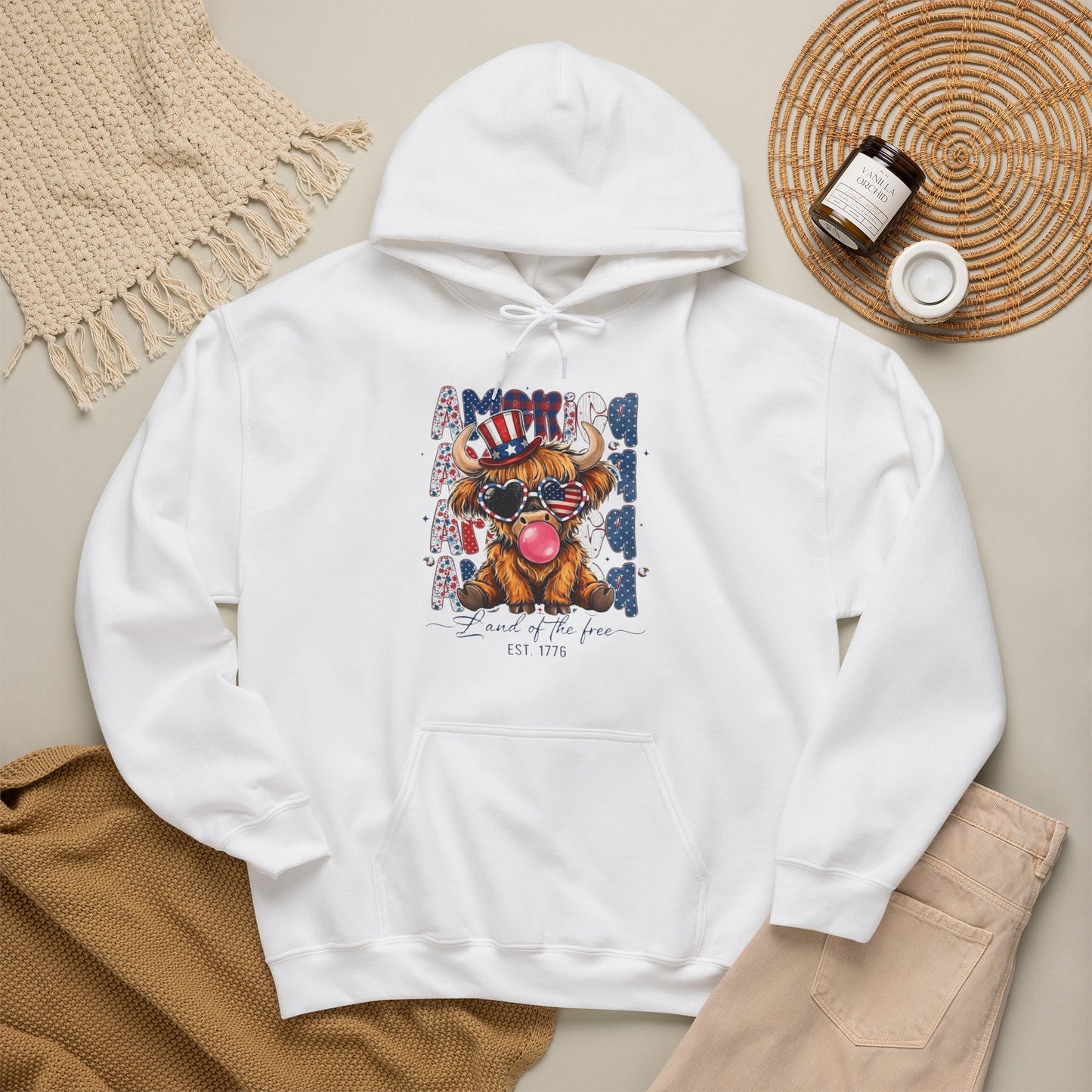 #250 American Flag Bubblegum Patriotic Highland Cow Hoodie