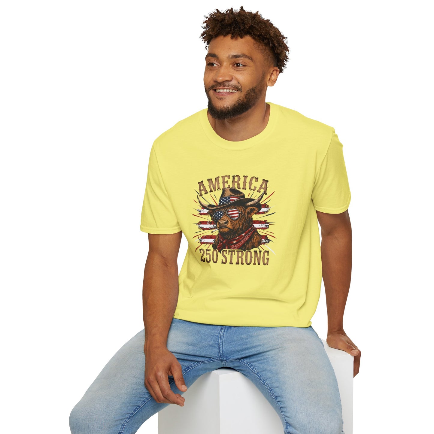 #250 America 250 Strong Patriotic Bull with American Flag T-Shirt