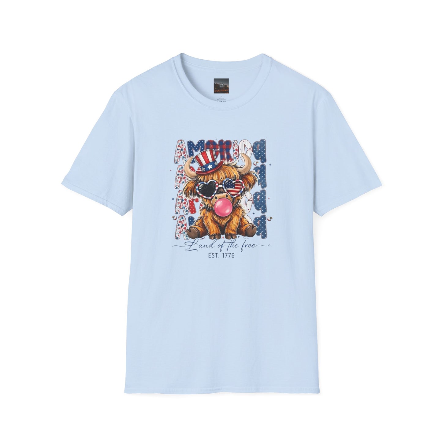 #250 American Flag Bubblegum Patriotic Highland Cow T-Shirt