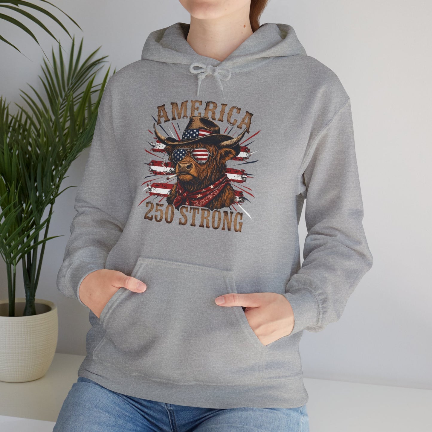 #250 America 250 Strong Patriotic Bull with American Flag Hoodie