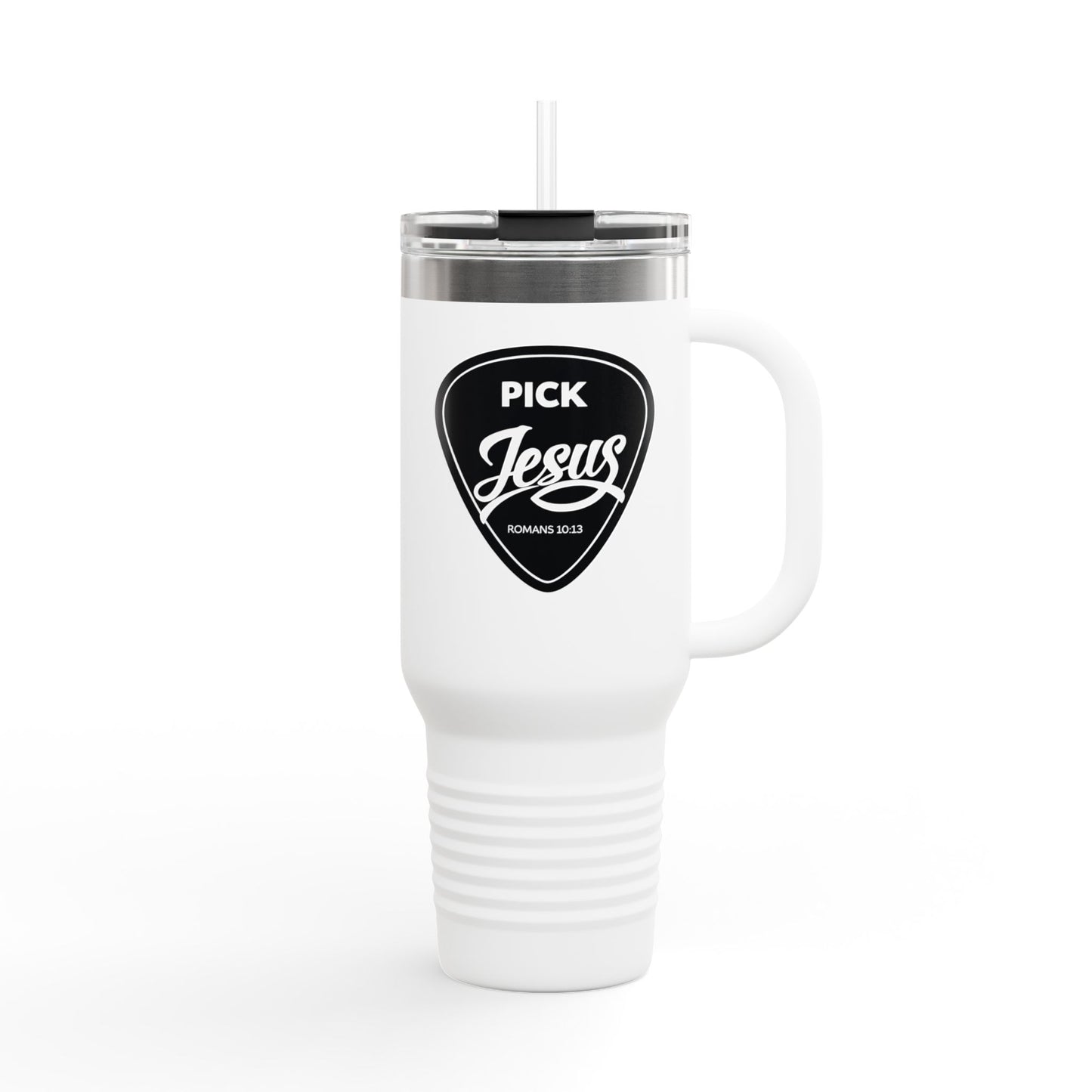 Pick Jesus Guitar Pick Insulated Travel Mug 40oz — Christian Design (Romans 10:13) Faith Travel Tumbler