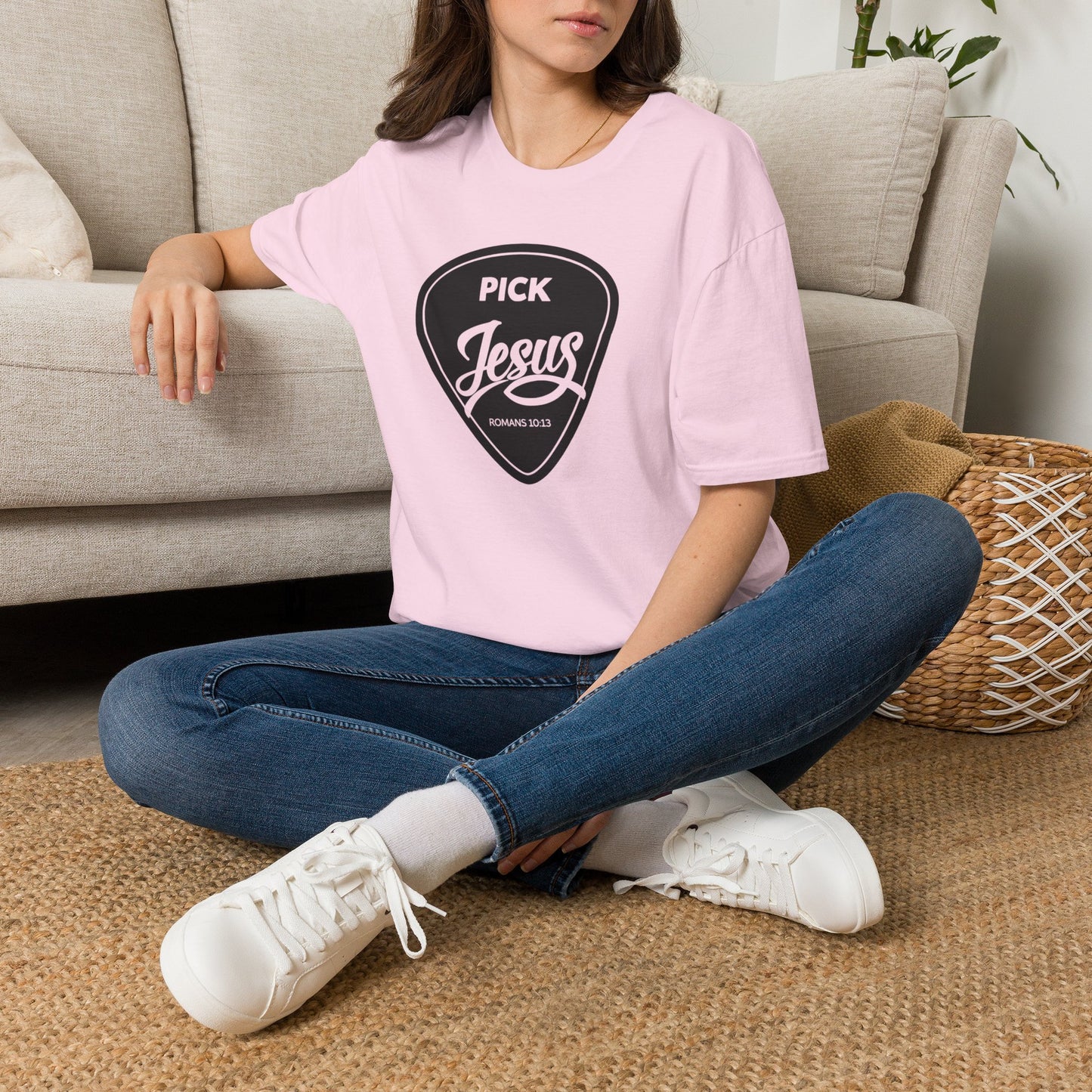 Pick Jesus T-Shirt — Christian Guitar Pick Design (Romans 10:13)