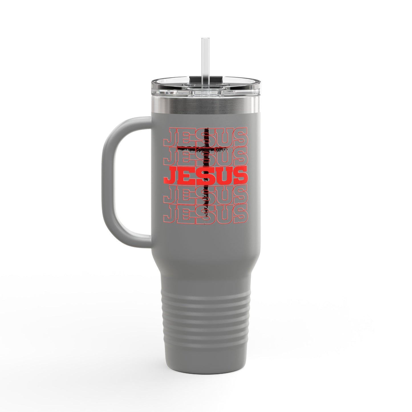 Jesus Cross Red Text Black Cross Graphic 40oz Insulated Travel Mug — Large Christian Tumbler with Straw