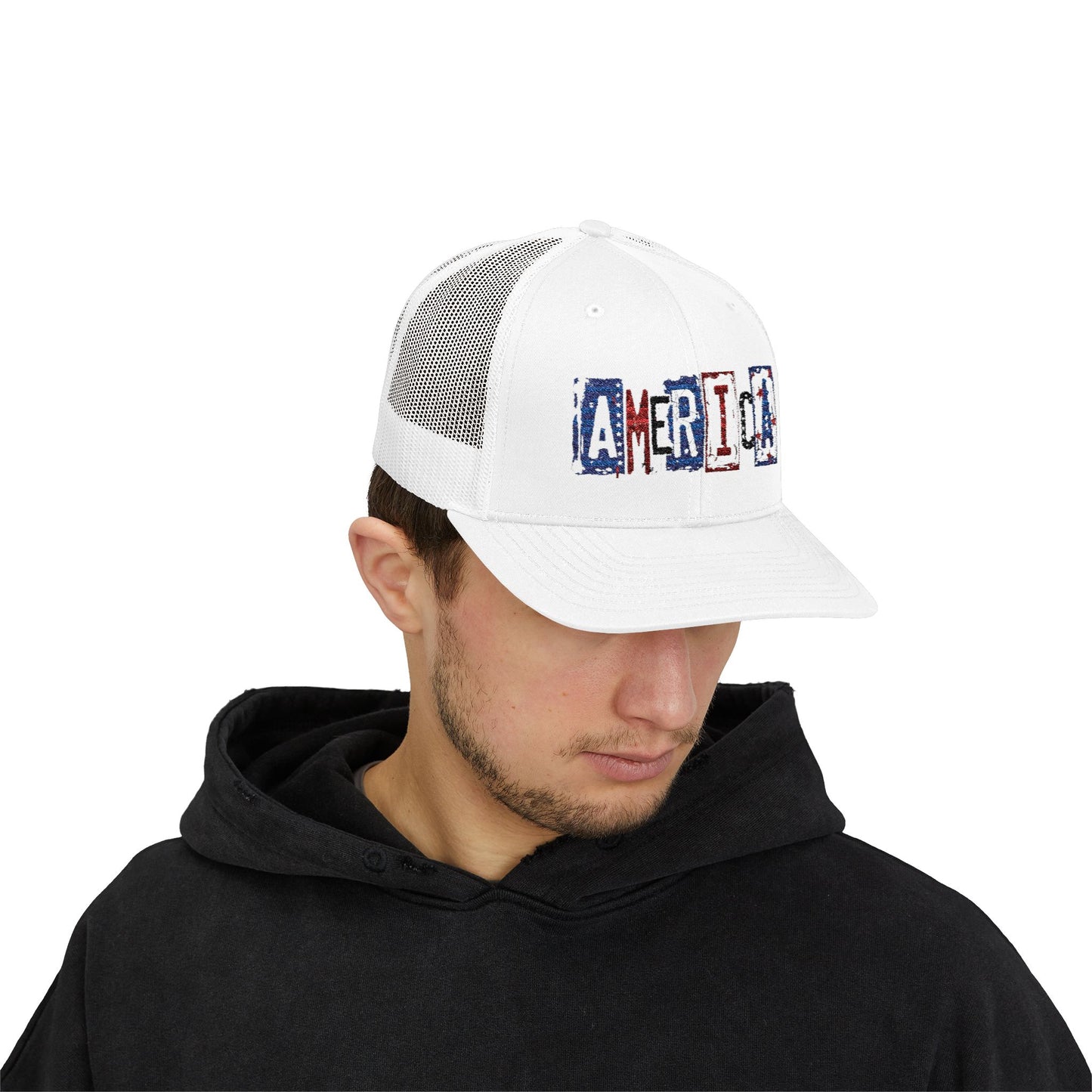#250 America Retro Block Text Patriotic Snapback Trucker Cap