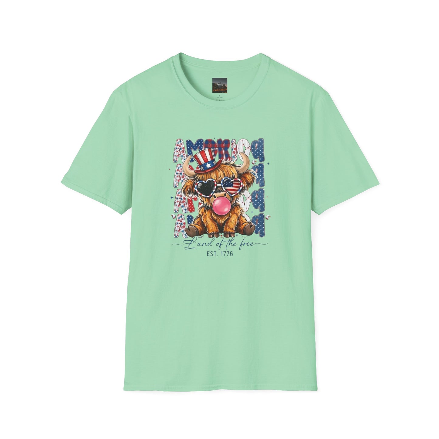 #250 American Flag Bubblegum Patriotic Highland Cow T-Shirt
