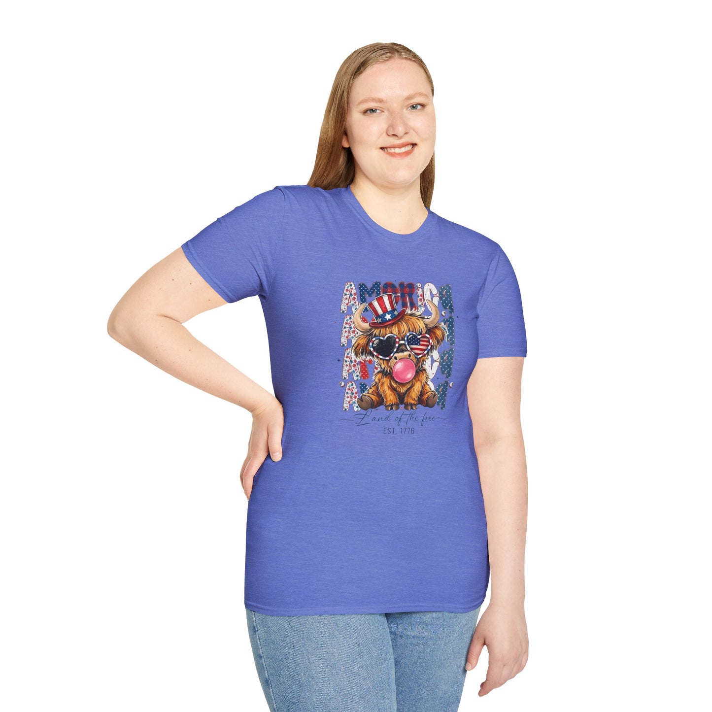 #250 American Flag Bubblegum Patriotic Highland Cow T-Shirt