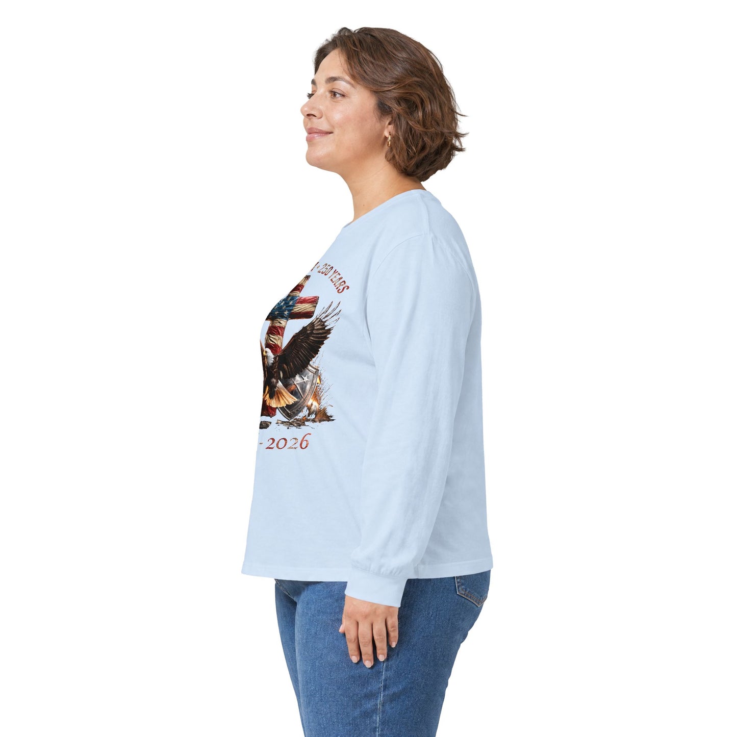 #250 Faith • Freedom 250 Years American Flag Cross & Eagle 1776-2026 Long Sleeve Tee
