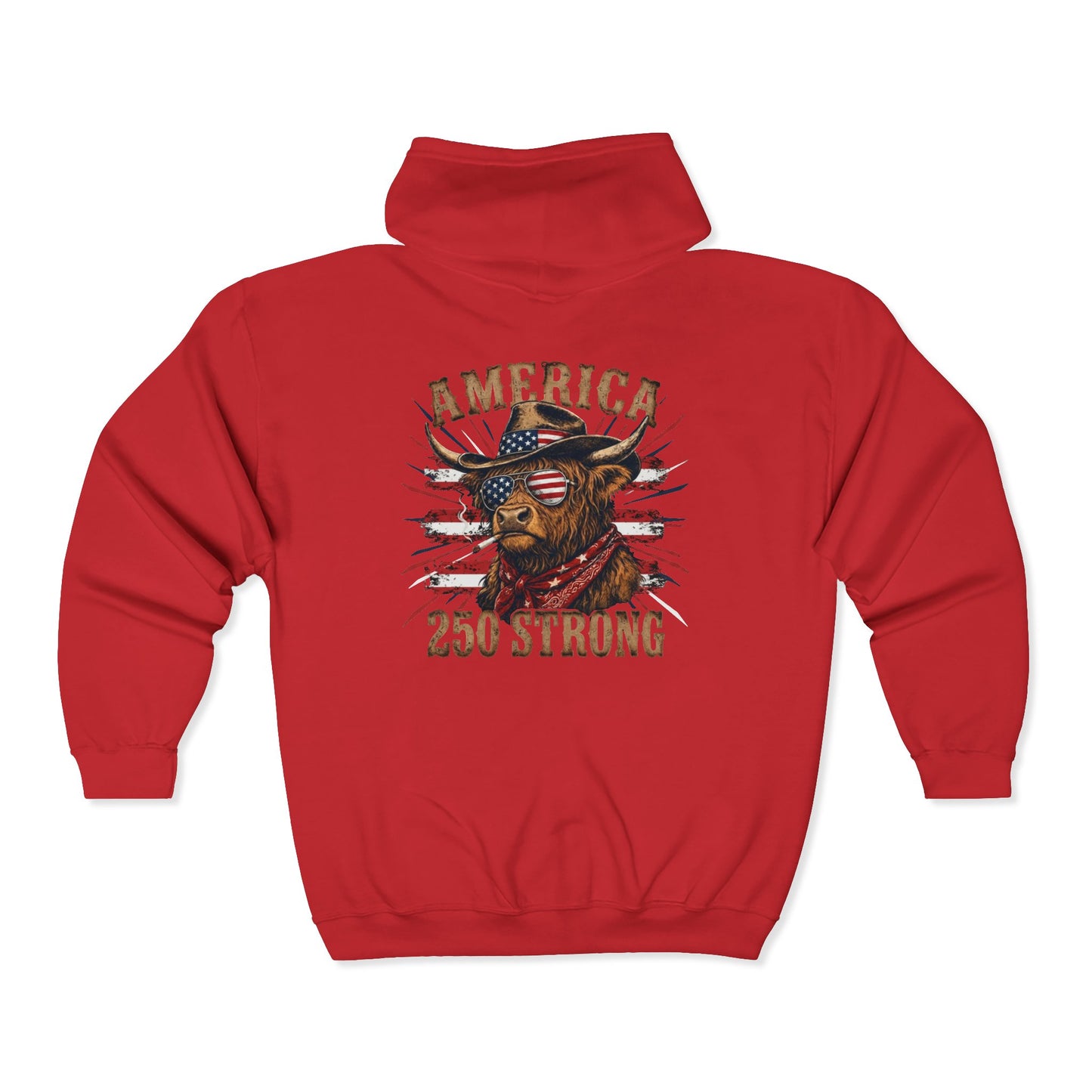#250 America 250 Strong Patriotic Bull with American Flag Zip Hoodie
