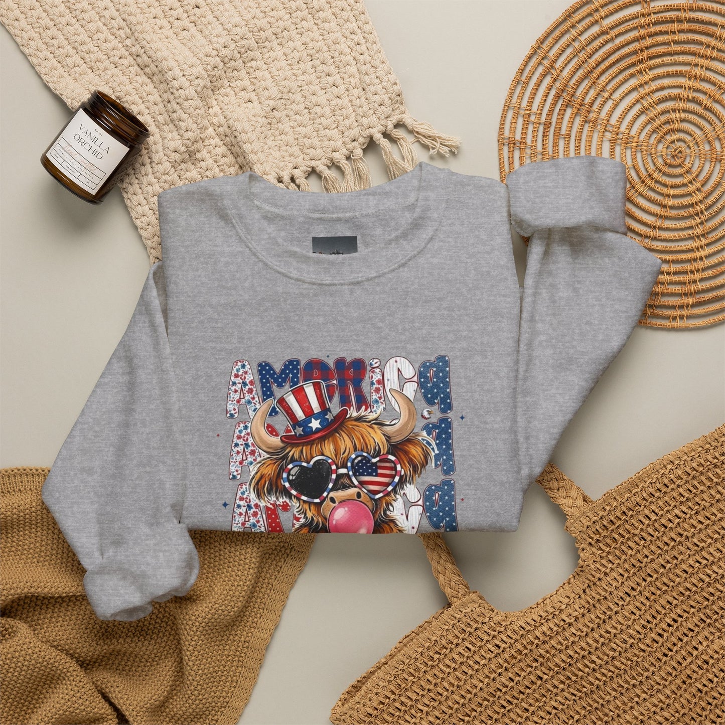 #250 American Flag Bubblegum Patriotic Highland Cow Sweatshirt
