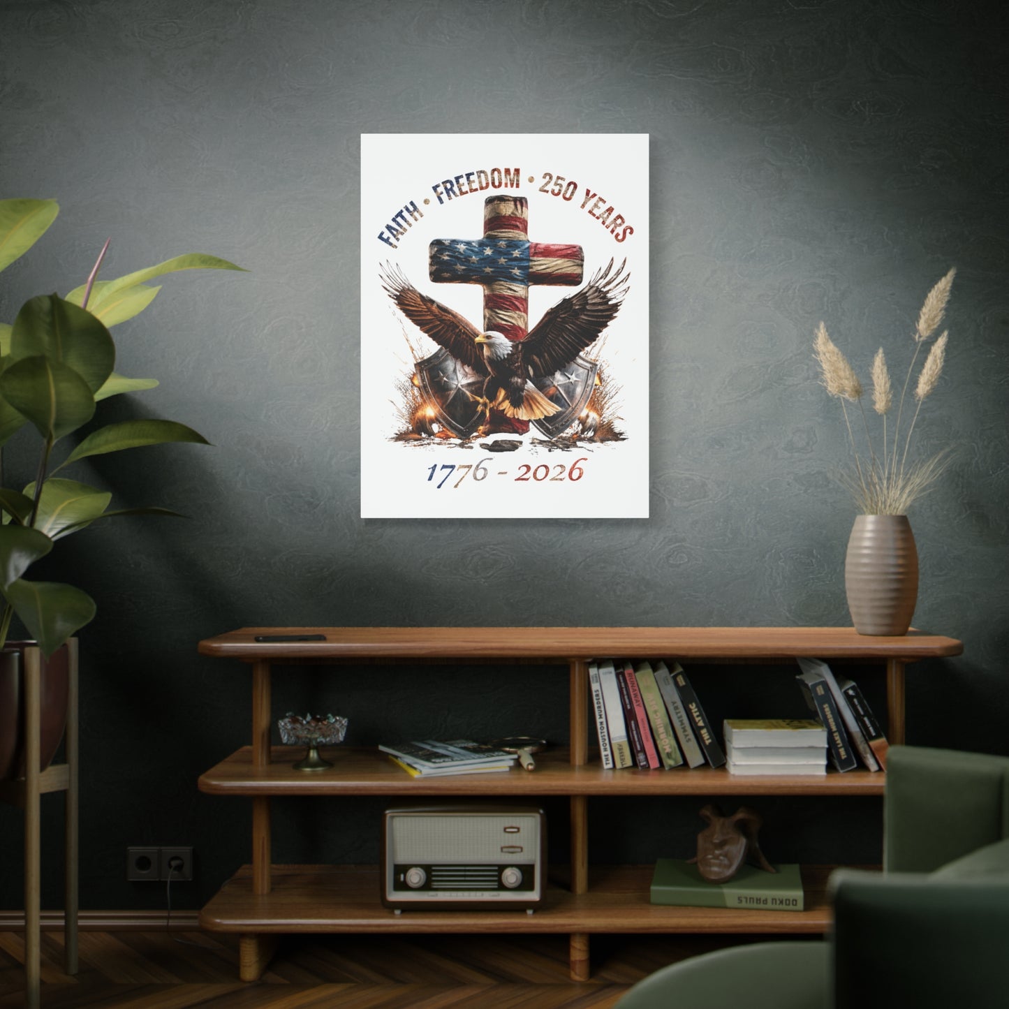 #250 Faith • Freedom 250 Years American Flag Cross & Eagle 1776-2026 Matte Canvas Wall Art