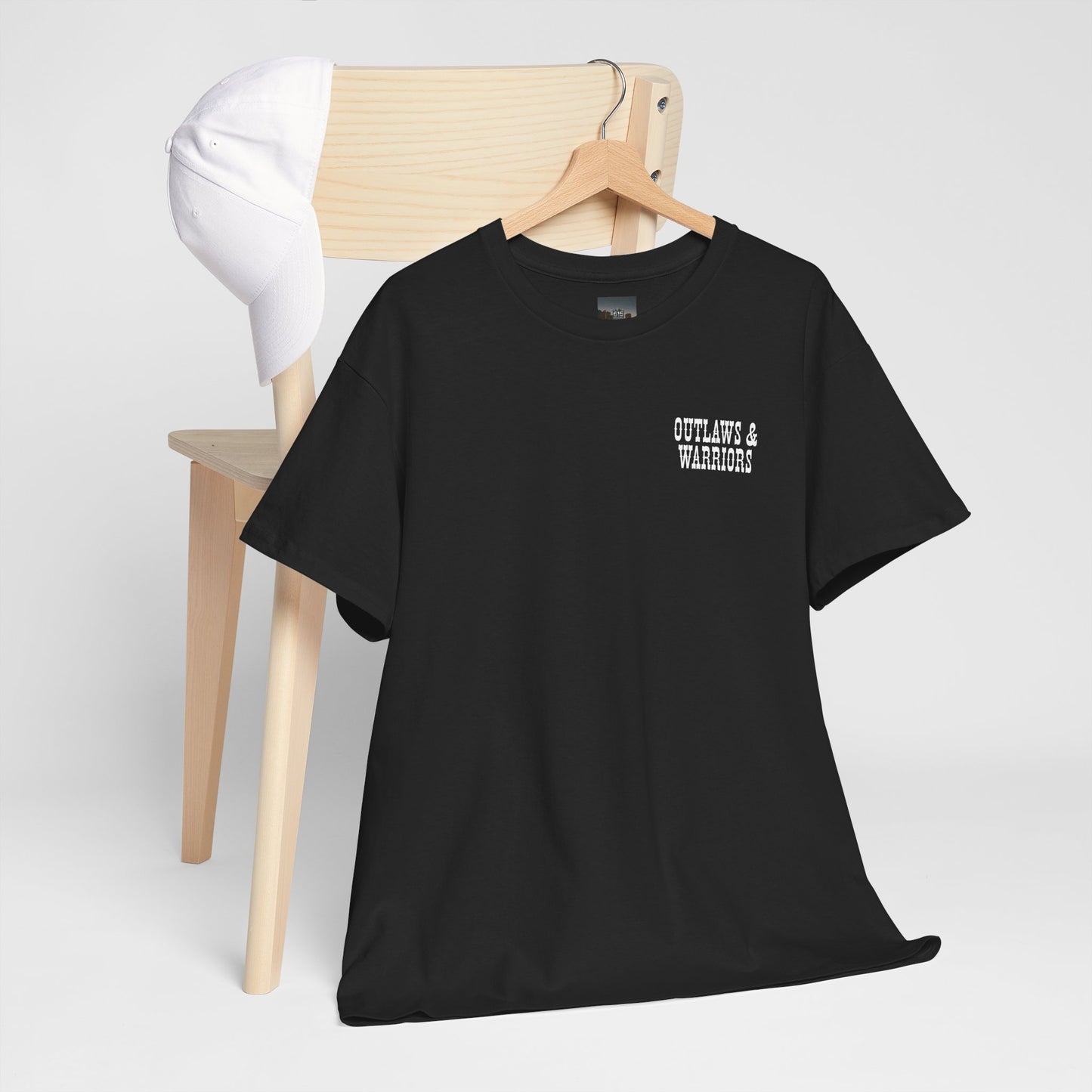 Outlaws & Warriors 100% Cotton T-Shirt — Minimal Chest Logo with Graphic On Back