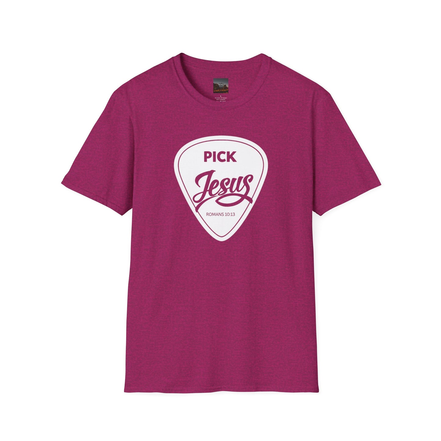 Pick Jesus T-Shirt — Christian Guitar Pick Design (Romans 10:13)