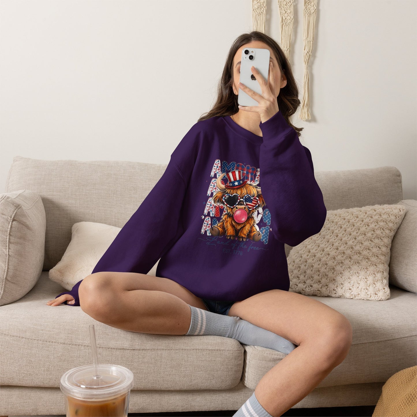#250 American Flag Bubblegum Patriotic Highland Cow Sweatshirt