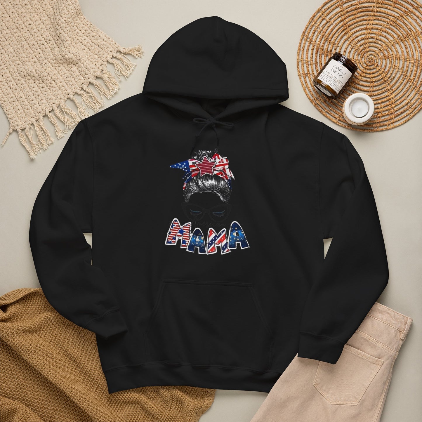 #250 Mama USA Flag Messy Bun Hoodie