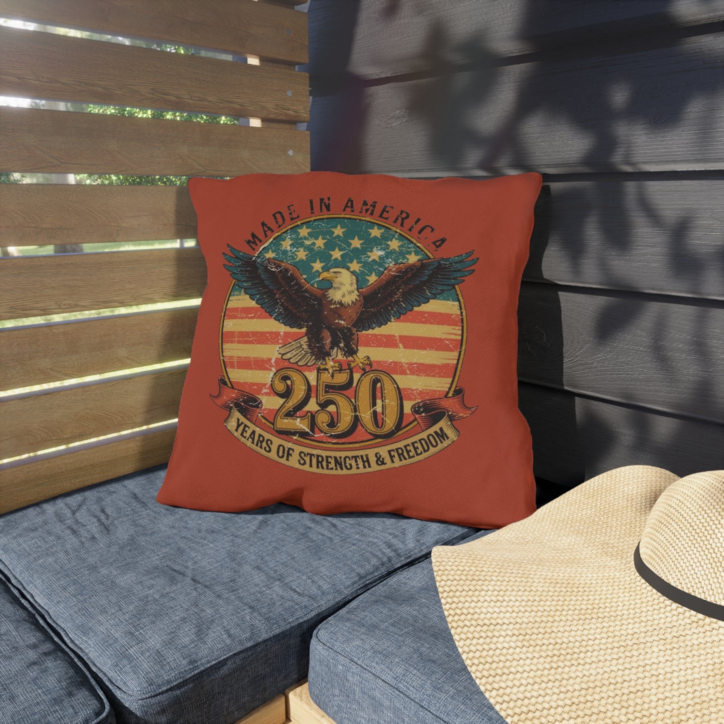 #250 Made in America Eagle 250th Anniversary Patriotic Outdoor Throw Pillow