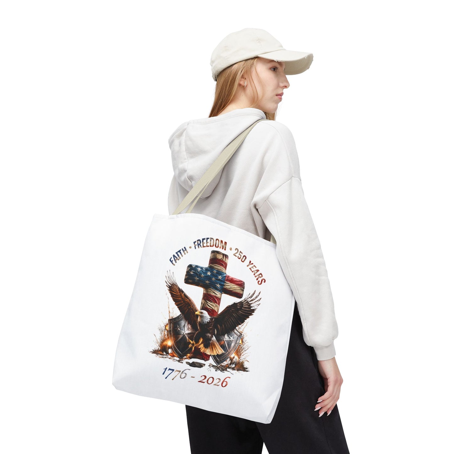 #250 Faith • Freedom 250 Years American Flag Cross & Eagle 1776-2026 Tote Bag