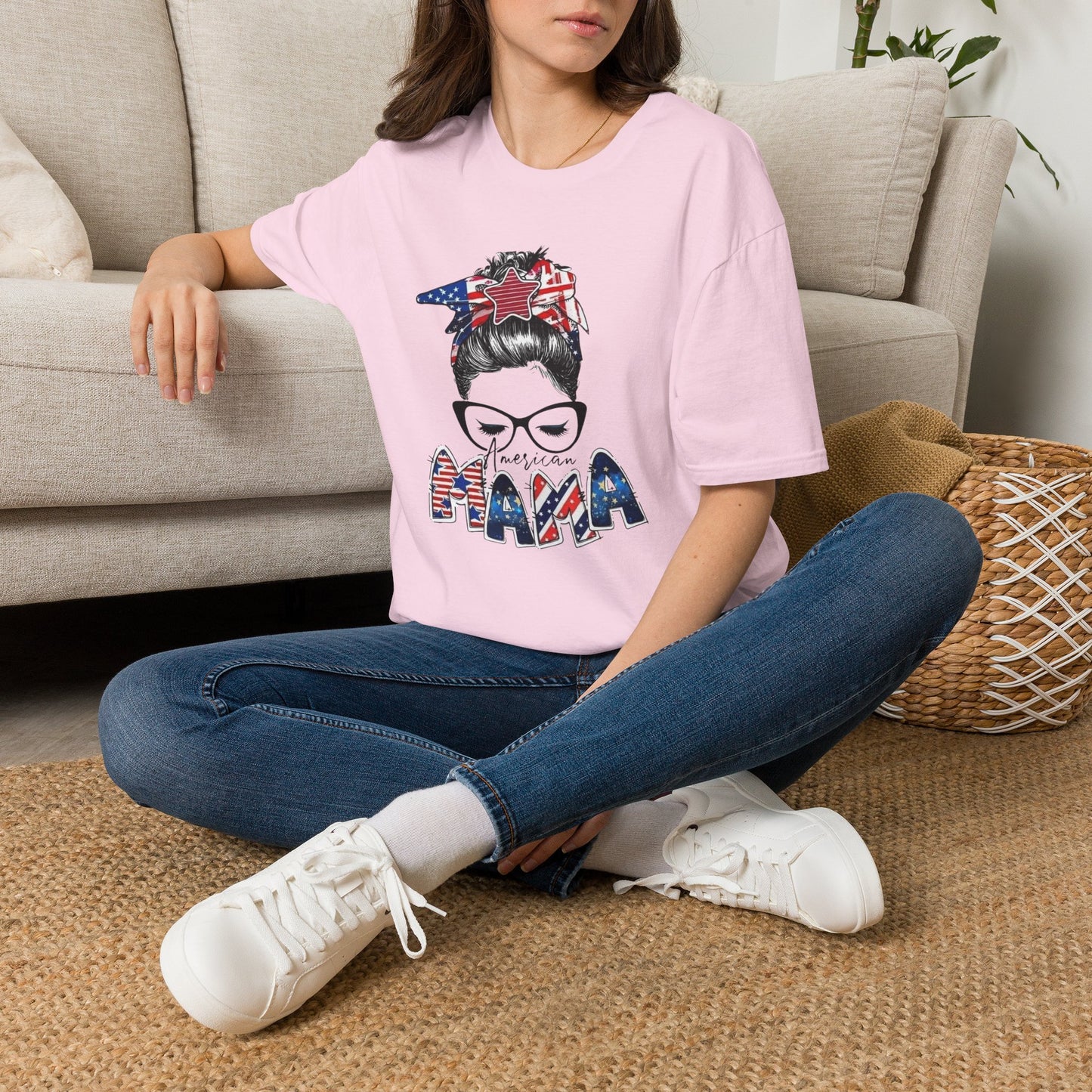 Mama USA Flag Messy Bun T-Shirt