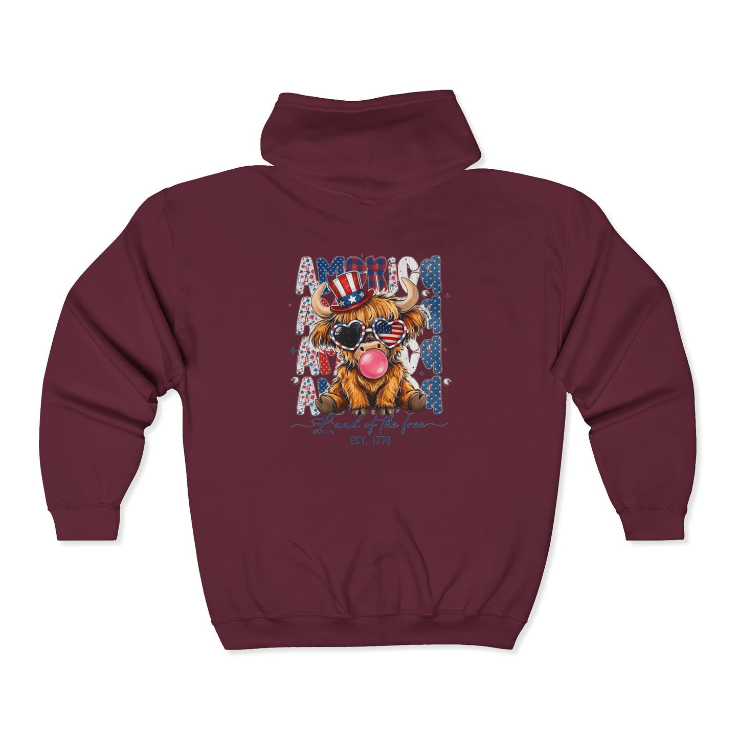 #250 American Flag Bubblegum Patriotic Highland Cow Zip Hoodie