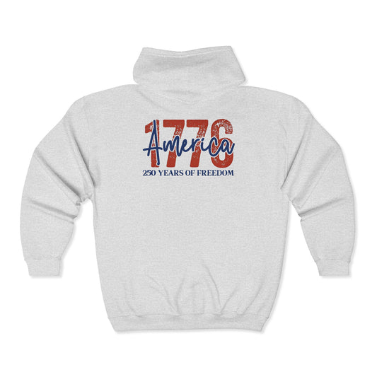 #250 1776 America: 250 Years of Freedom' Patriotic Independence Day Zip Hoodie