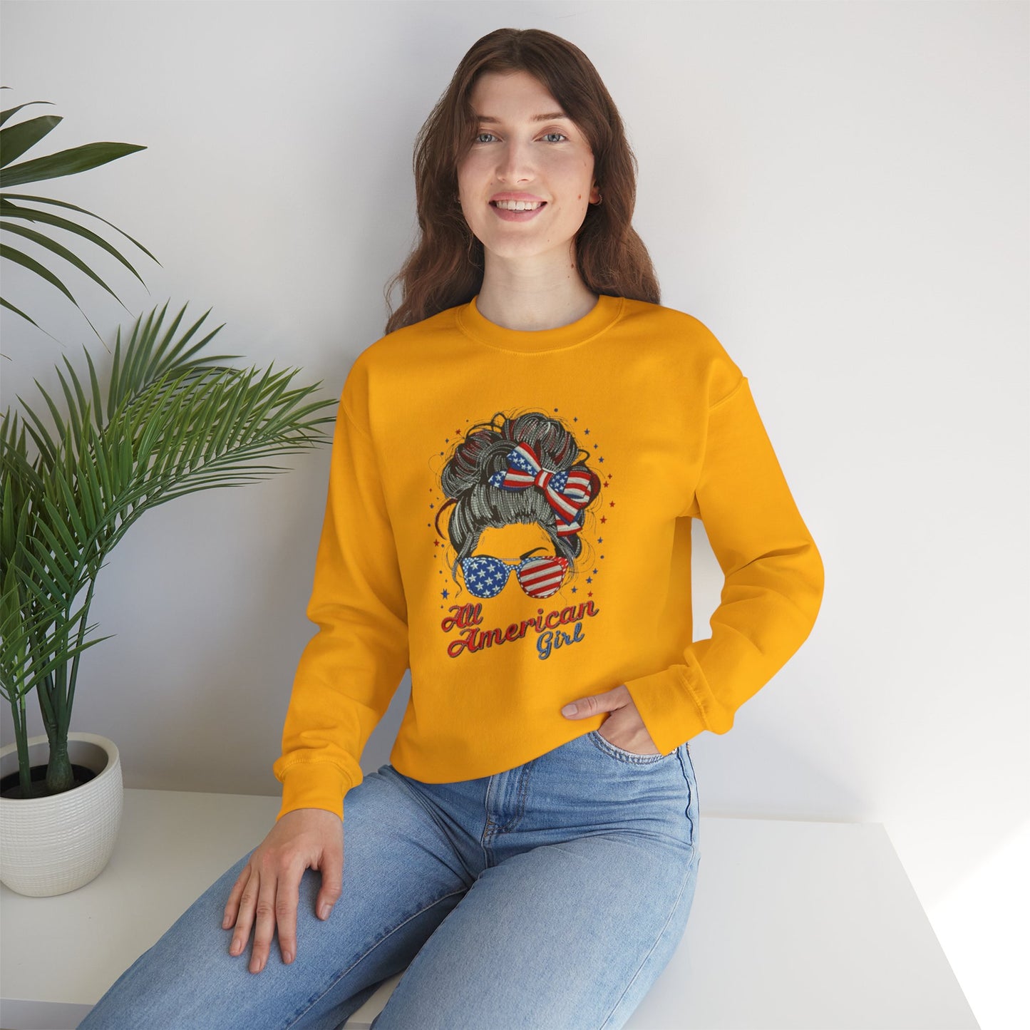 #250 "All American Girl" Patriotic Messy Bun Sweatshirt