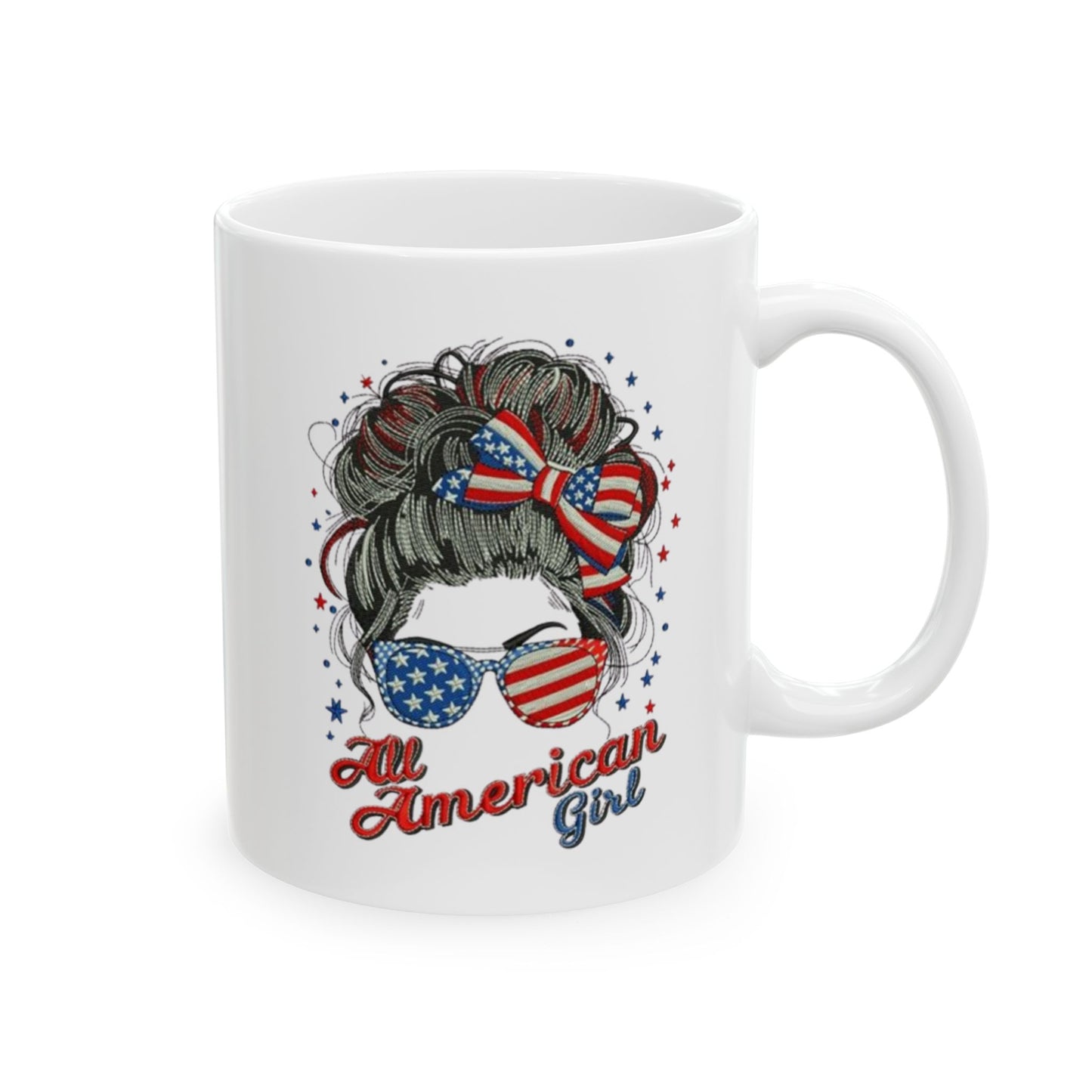 #250 "All American Girl" Patriotic Messy Bun Ceramic Mug - 11oz & 15oz