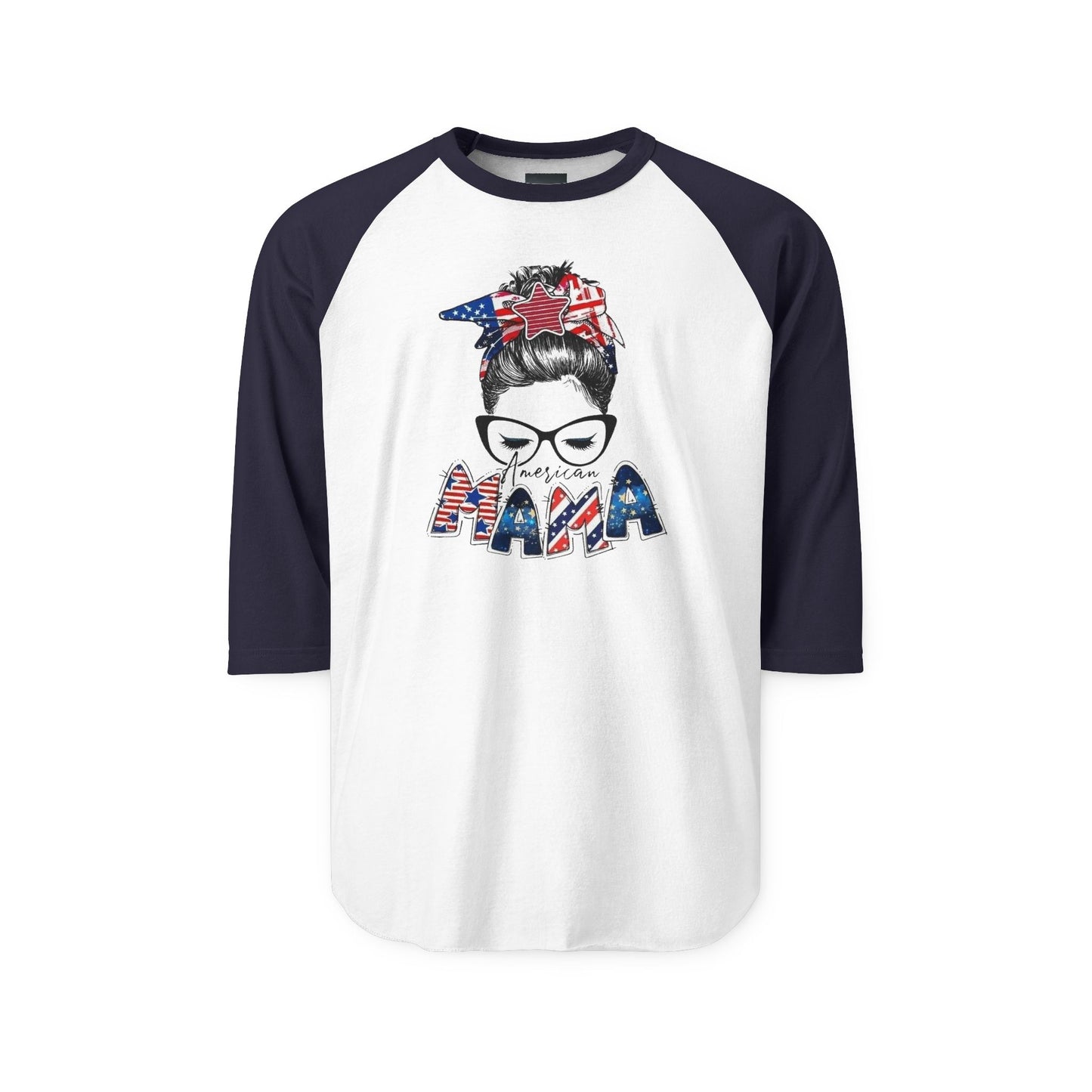 #250 Mama USA Flag Messy Bun Raglan 3/4 Sleeve Baseball Tee