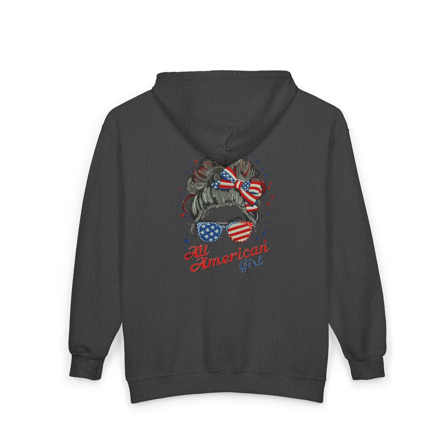 #250 "All American Girl" Patriotic Messy Bun Zip Hoodie