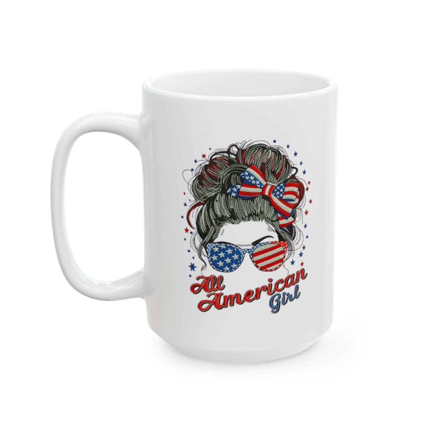 #250 "All American Girl" Patriotic Messy Bun Ceramic Mug - 11oz & 15oz