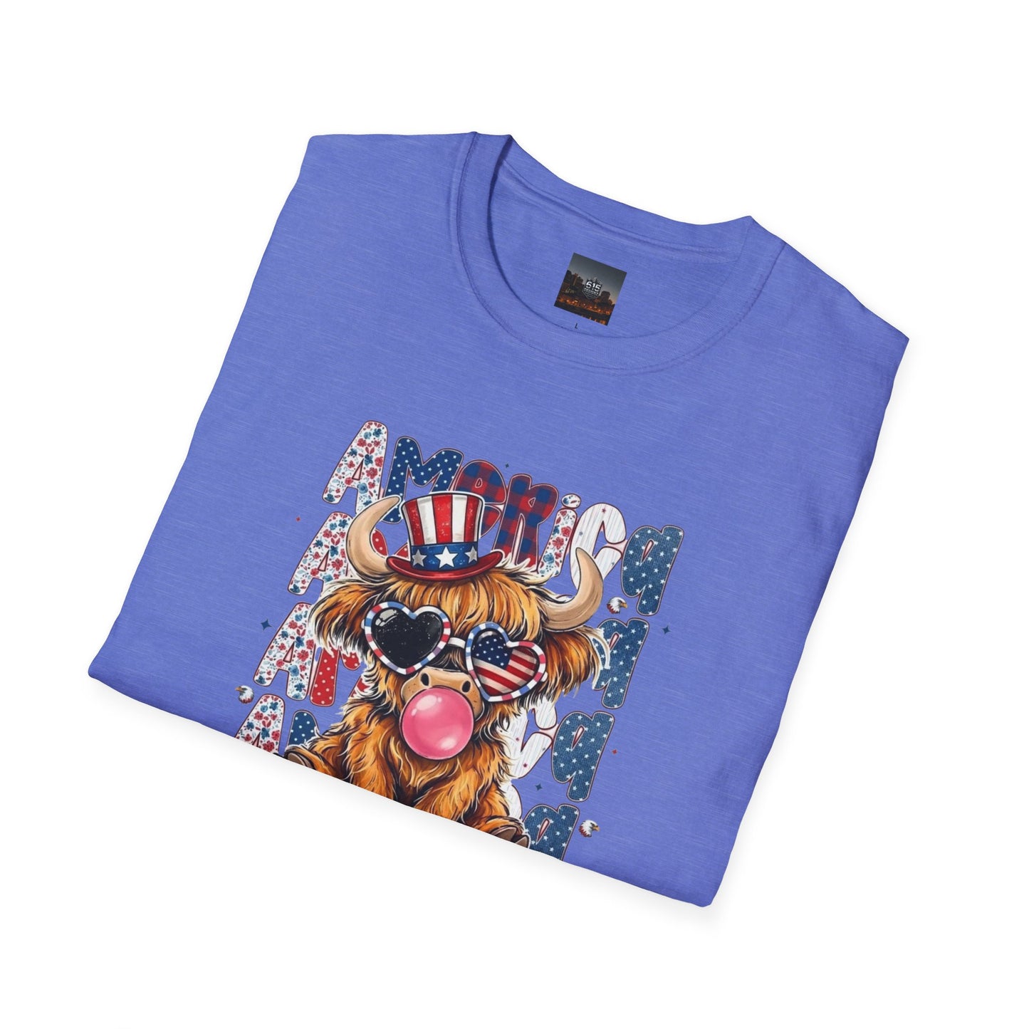 #250 American Flag Bubblegum Patriotic Highland Cow T-Shirt