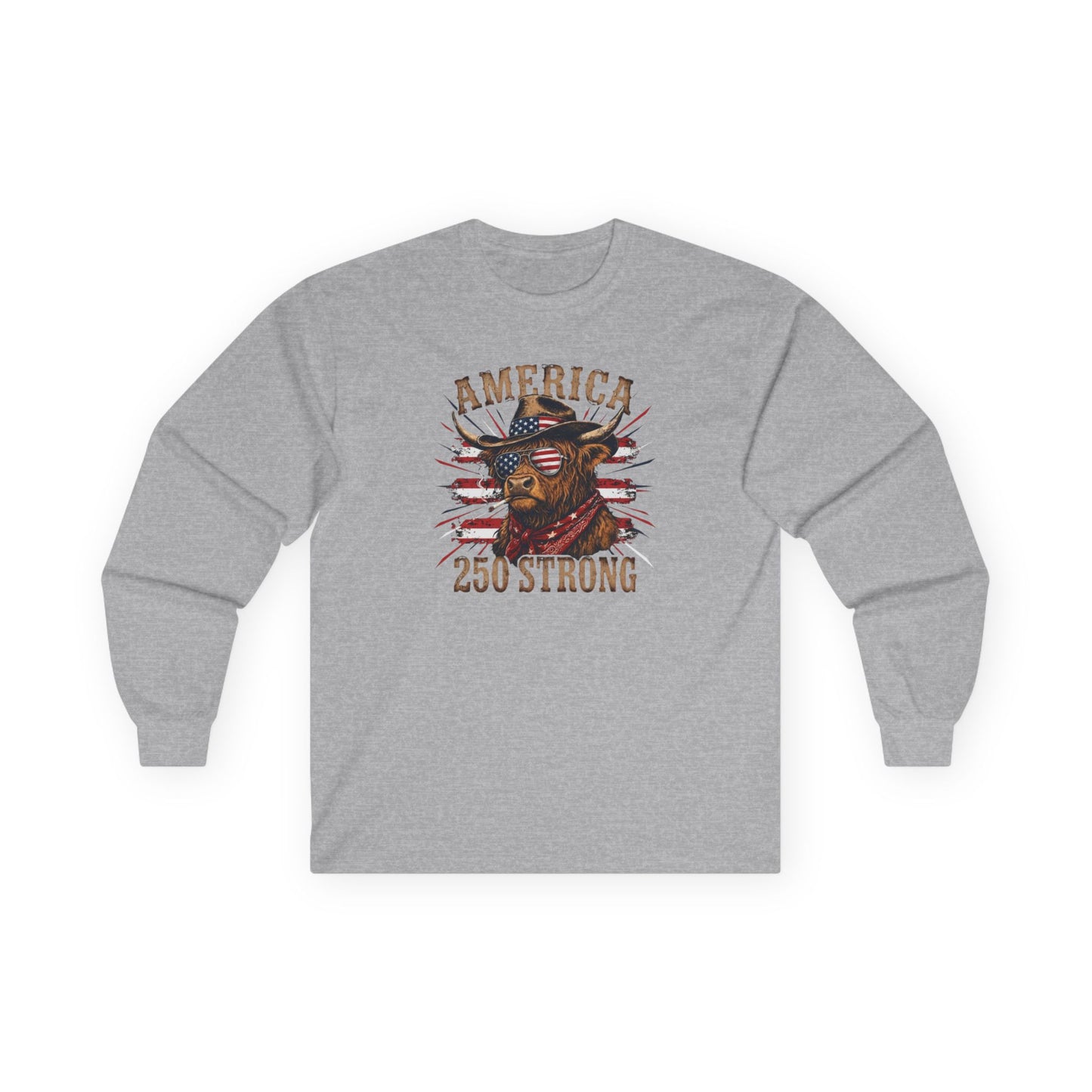 #250 America 250 Strong Patriotic Bull with American Flag Long Sleeve Tee