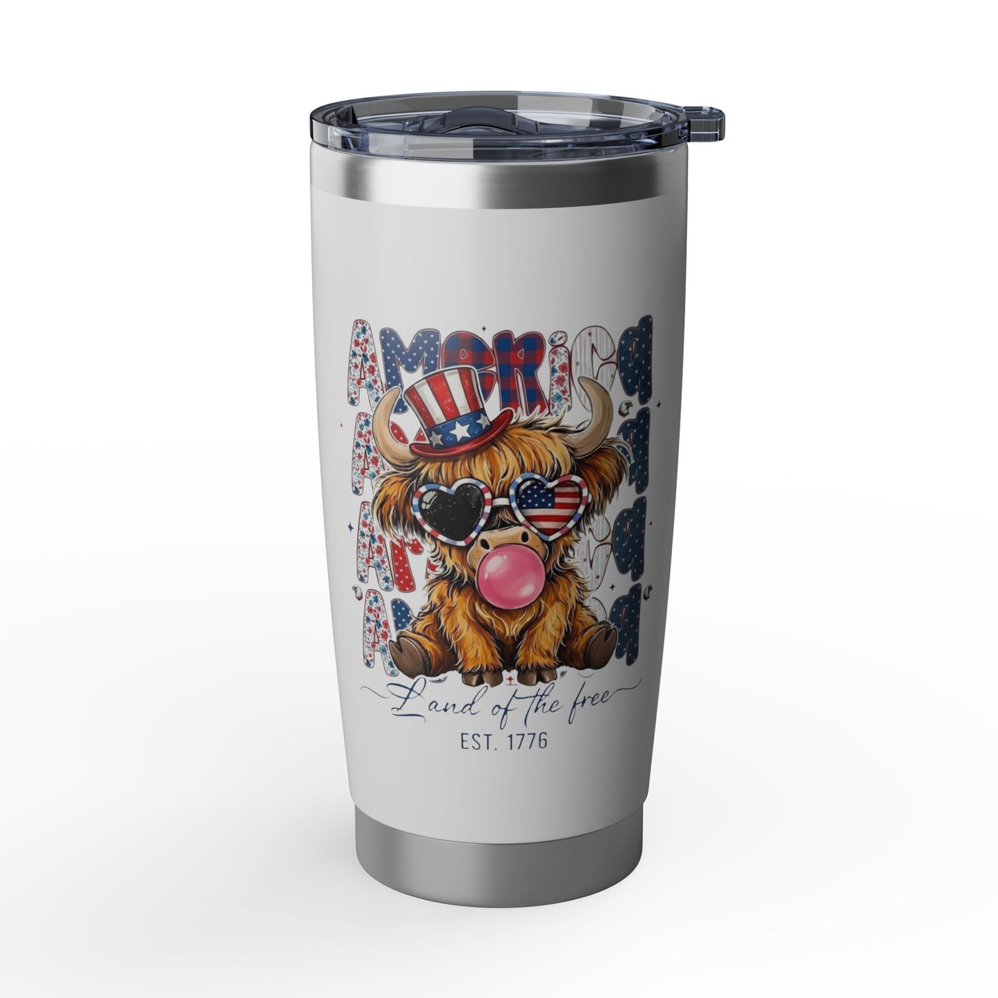 #250 American Flag Bubblegum Patriotic Highland Cow 20oz Stainless Travel Tumbler 'Vagabond'