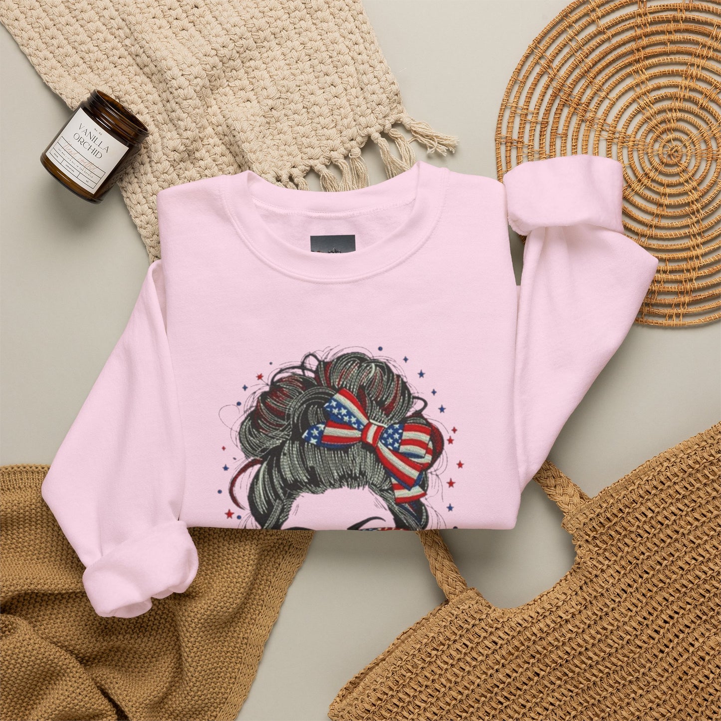 #250 "All American Girl" Patriotic Messy Bun Sweatshirt