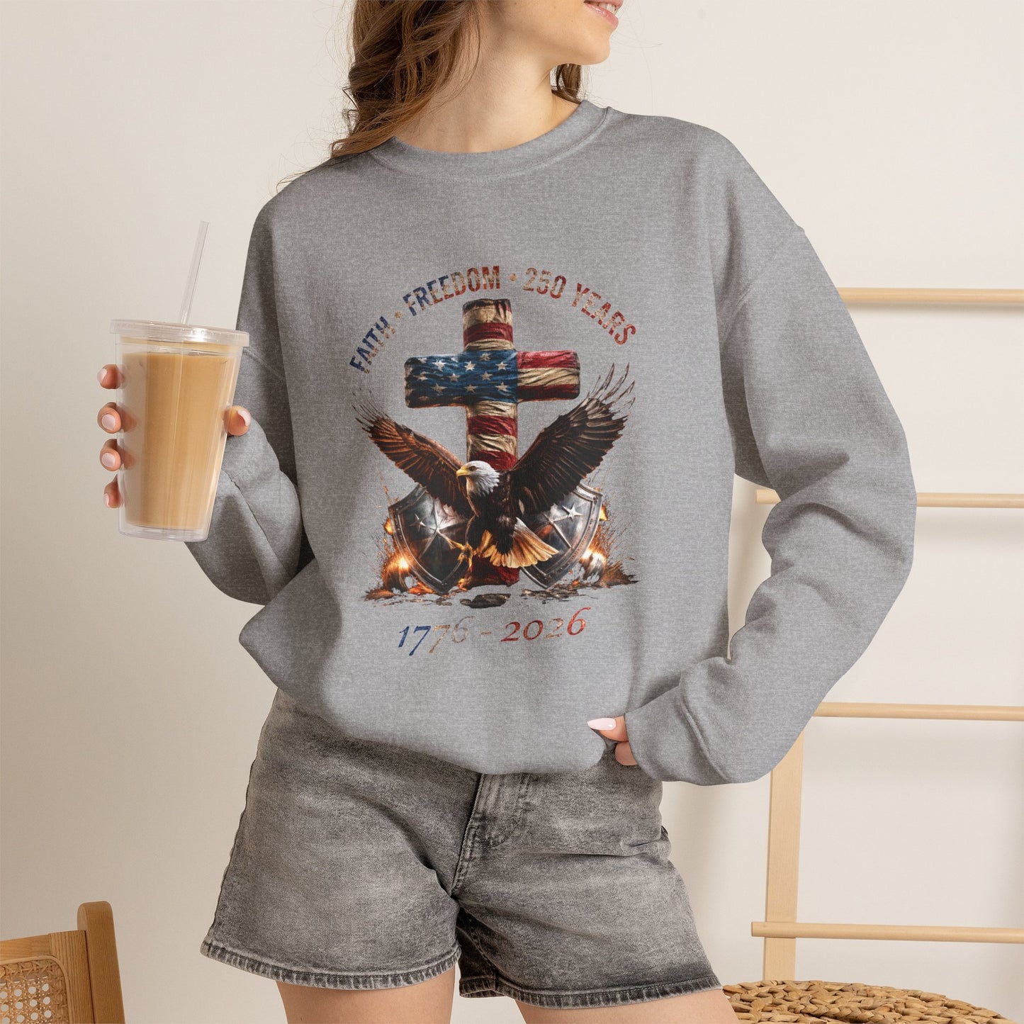 #250 Faith • Freedom 250 Years American Flag Cross & Eagle 1776-2026 Crewneck Sweatshirt