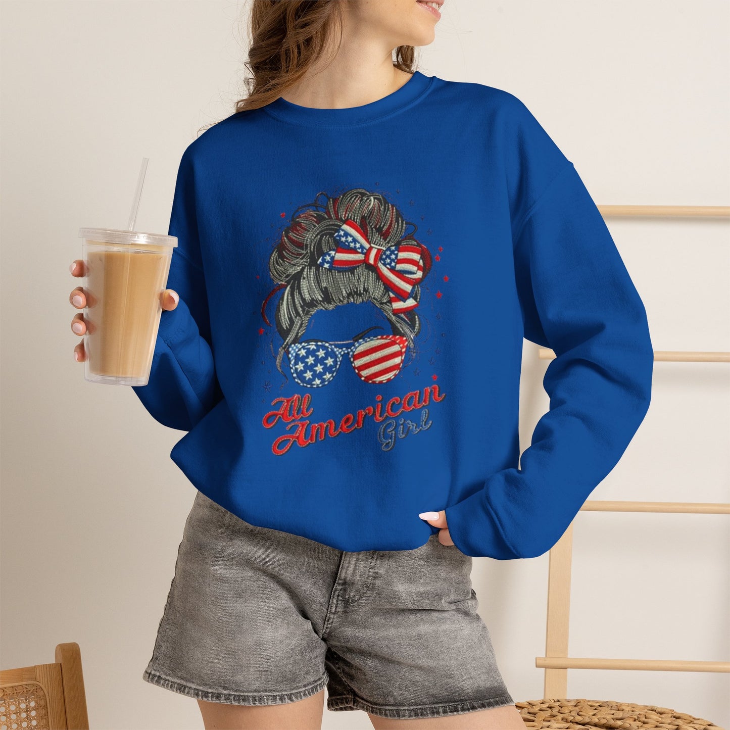 #250 "All American Girl" Patriotic Messy Bun Sweatshirt