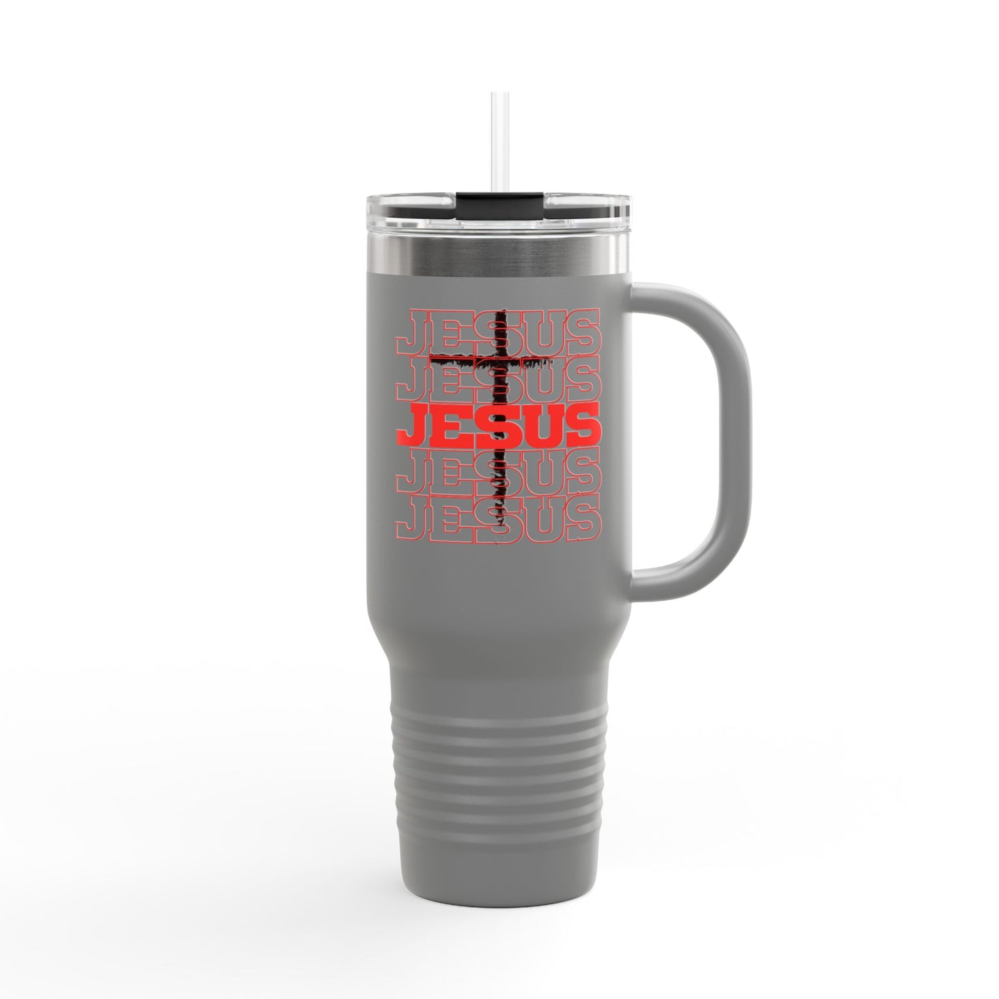 Jesus Cross Red Text Black Cross Graphic 40oz Insulated Travel Mug — Large Christian Tumbler with Straw