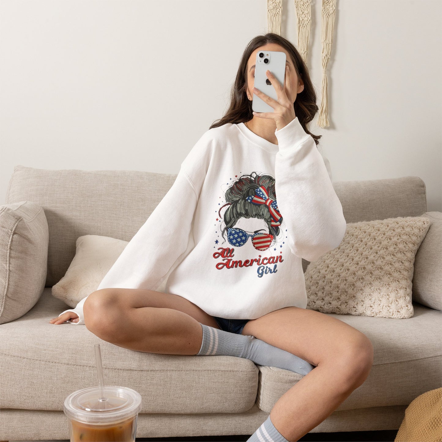 #250 "All American Girl" Patriotic Messy Bun Sweatshirt
