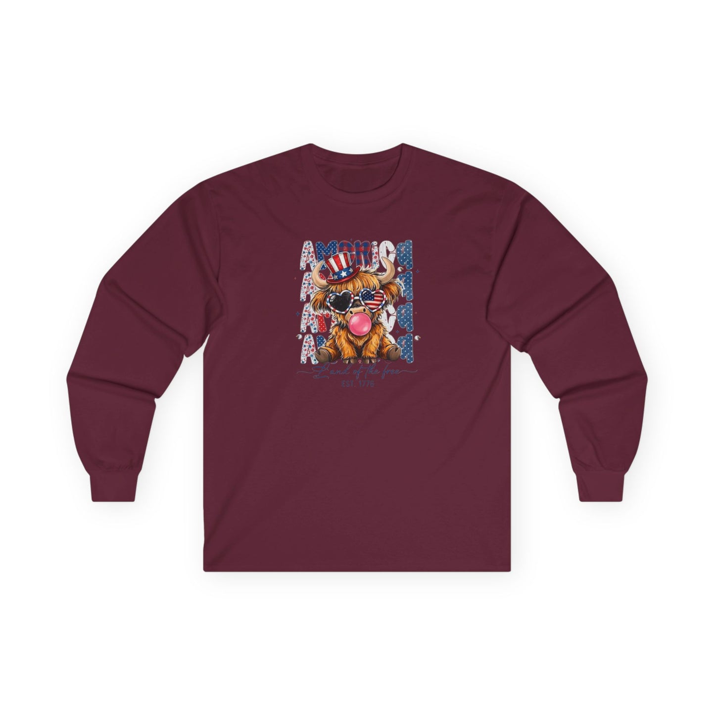 #250 American Flag Bubblegum Patriotic Highland Cow Long Sleeve Tee
